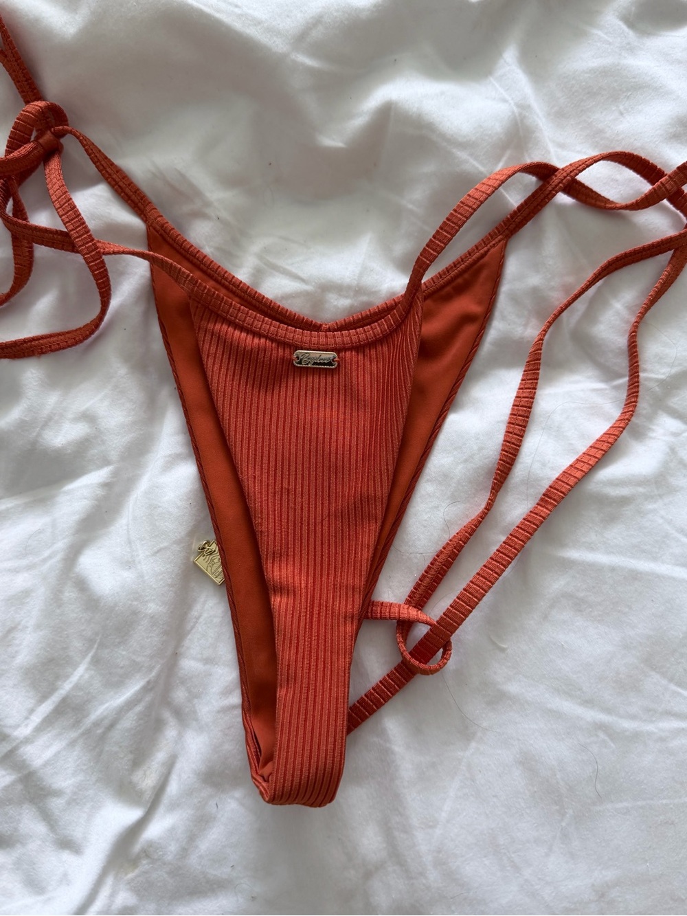 Rust Ribbed Women's Tie-Side Bikini Bottom